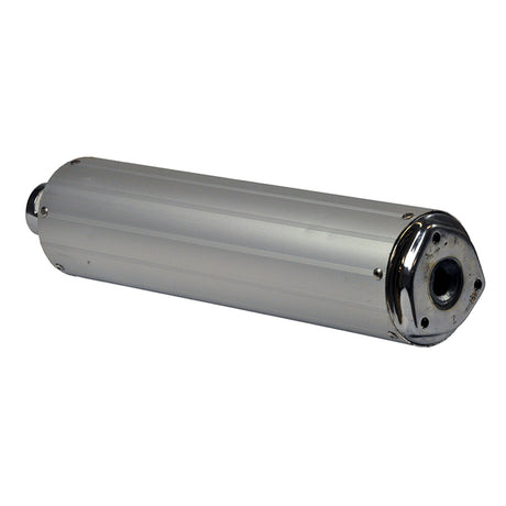 Universal Chrome Muffler/Silencer for 50cc, 125cc & 150cc GY6 Scooters, featuring a silver metal cylinder design with a round hole, commonly used in 4-stroke gas scooters.