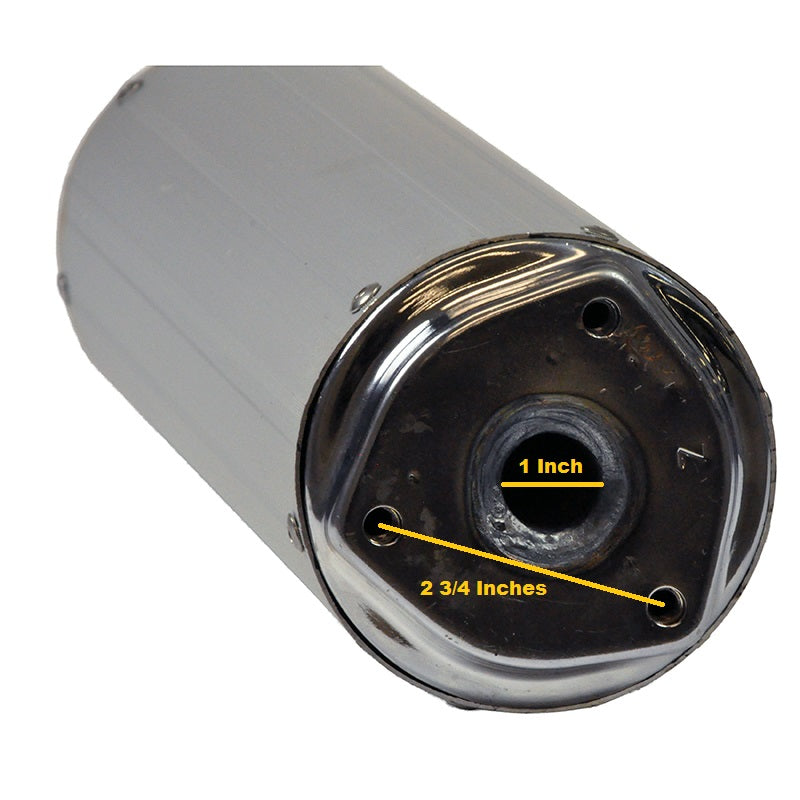 Universal Chrome Muffler/Silencer for 50cc, 125cc & 150cc GY6 Scooters, shown in close-up highlighting its cylindrical shape and circular end, typically found on many Chinese 4-stroke gas scooters.