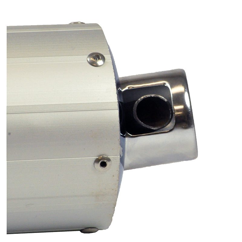 Close-up of a Universal Chrome Muffler/Silencer for 50cc, 125cc & 150cc GY6 Scooters, showcasing its sleek metal finish and typical OEM design for 4-stroke gas scooters.