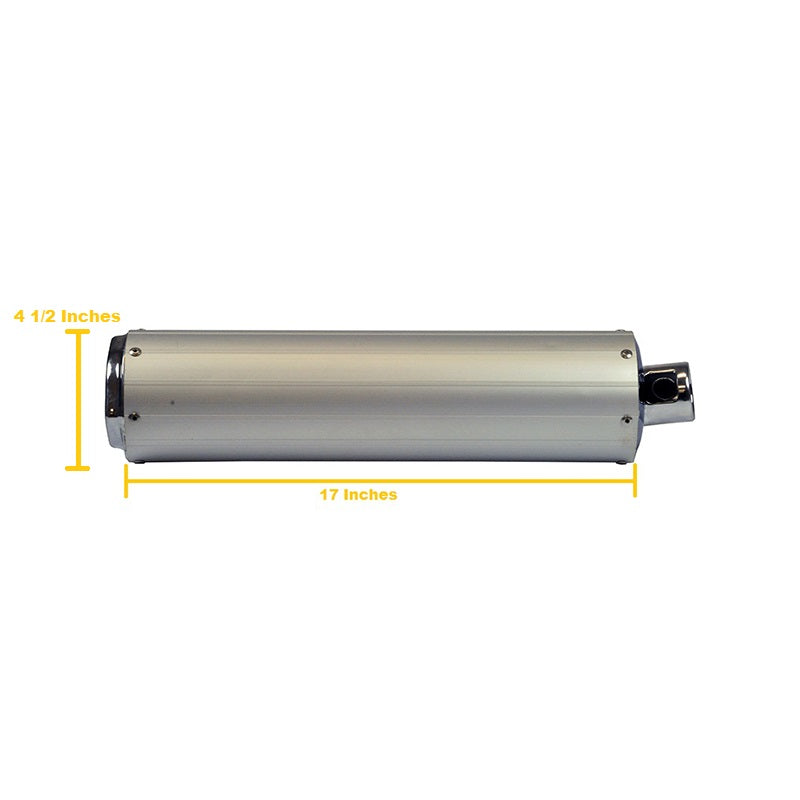 Universal Chrome Muffler/Silencer for 50cc, 125cc & 150cc GY6 Scooters, showcasing a sleek silver cylindrical design with precise measurements, suitable for most 4-stroke gas scooters.