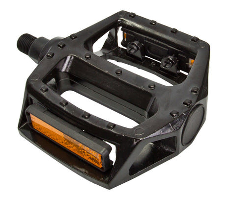 MX Alloy 1/2 Threaded Pedals featuring a black body with orange reflectors, designed for various scooters and bicycles. Close-up shows pedal's sturdy build and reflective safety features.