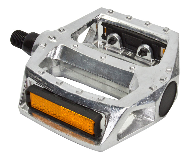 MX Alloy 1/2 Threaded Pedals, a silver bicycle pedal featuring a yellow reflector, ideal for various types of scooters and bikes, enhancing both functionality and safety.