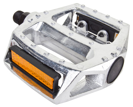 MX Alloy 9/16 Threaded Pedals, featuring a silver design with orange reflectors and black plastic wheels, ideal for bicycles and scooters, by Sunlite, available at Monster Scooter Parts.