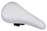 MX Kid's Saddle Seat for Bikes & Scooters, featuring a white bicycle seat with a black handle and black bolts, compatible with various child-sized bicycles and scooters.