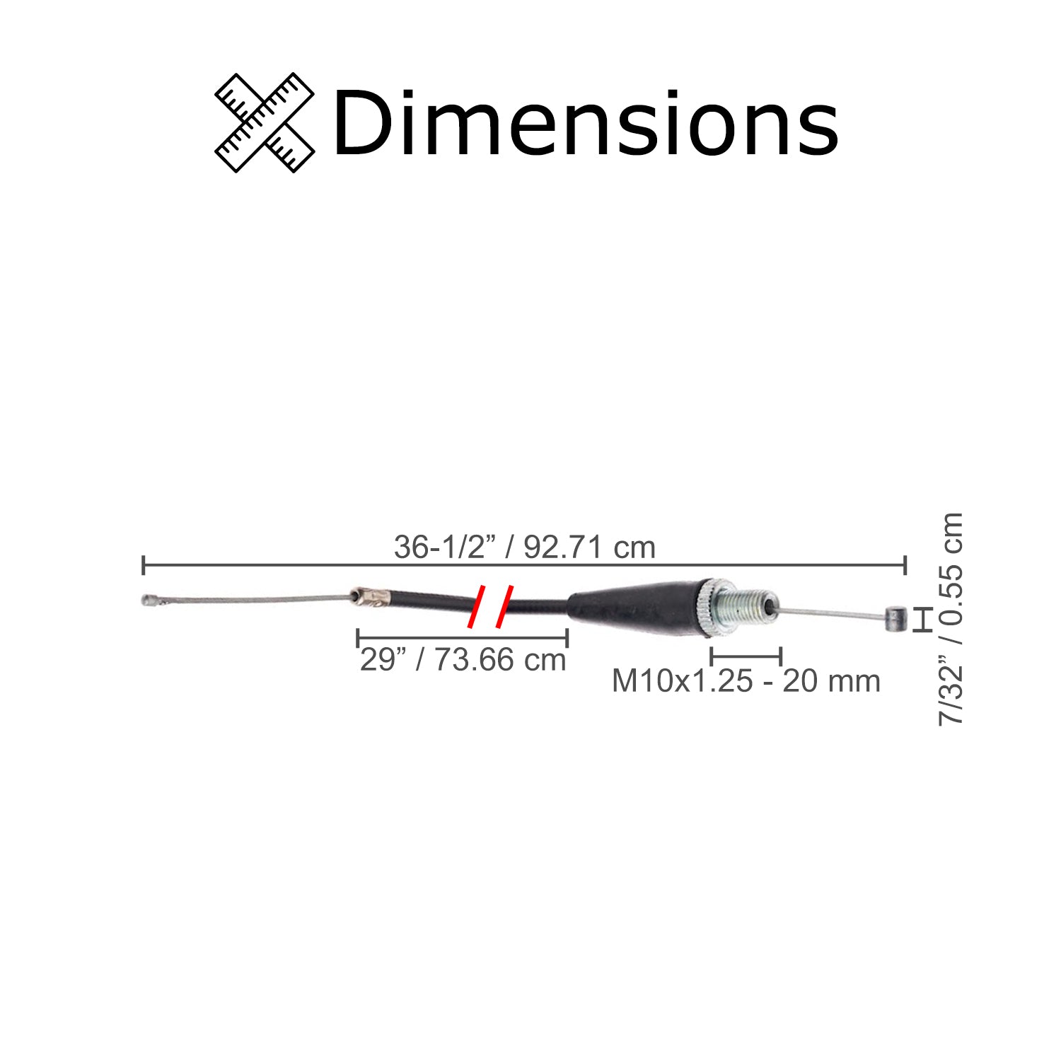 Diagram of the 29 Dirt Bike Throttle Cable for Baja Dirt Runner DR50, DR70, DR90, DR125, DR150, and Baja X250, showing measurements and components like the black metal rod and screw.