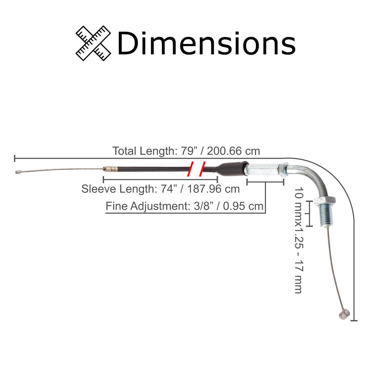 74 Throttle Cable for scooters and ATVs, featuring a long metal wire with a black metal end and a black rubber handle, ideal for 2-stroke and some 4-stroke engines.