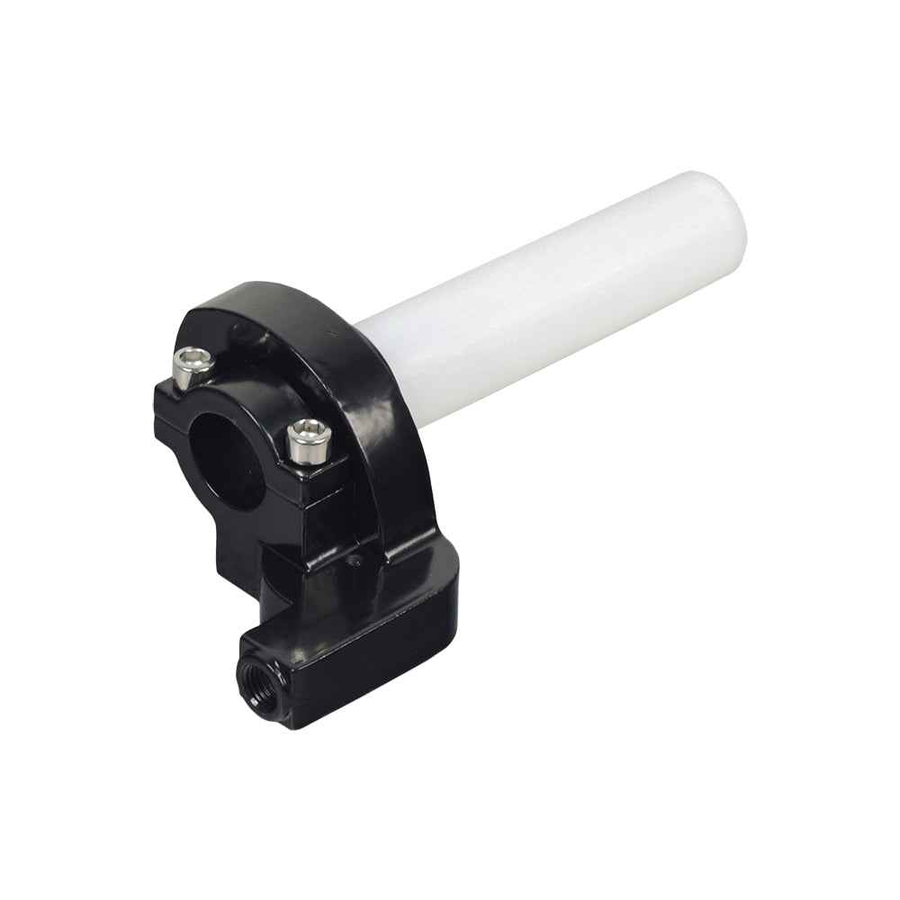 High Performance Aluminum Throttle Cable Housing for Dirt Bikes & Mini Bikes, featuring a sleek black and white design with a white tube, ensuring quick, low-friction twists and reduced wear on throttle cables.