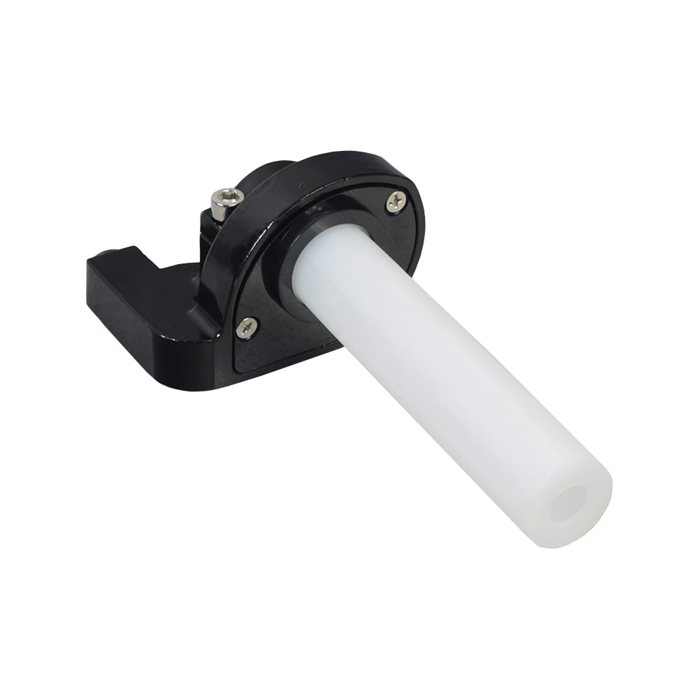 High Performance Aluminum Throttle Cable Housing for Dirt Bikes & Mini Bikes, featuring a sleek cylindrical design with a white tube and internal pulley for low friction and reduced wear on throttle cables.