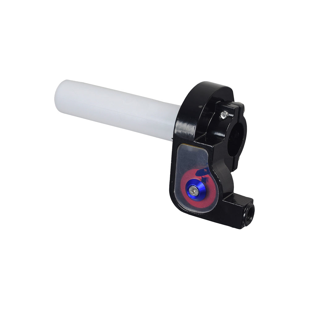 High Performance Aluminum Throttle Cable Housing for Dirt Bikes & Mini Bikes featuring a black and white handlebar with a white plastic tube and an internal pulley for low friction twist.