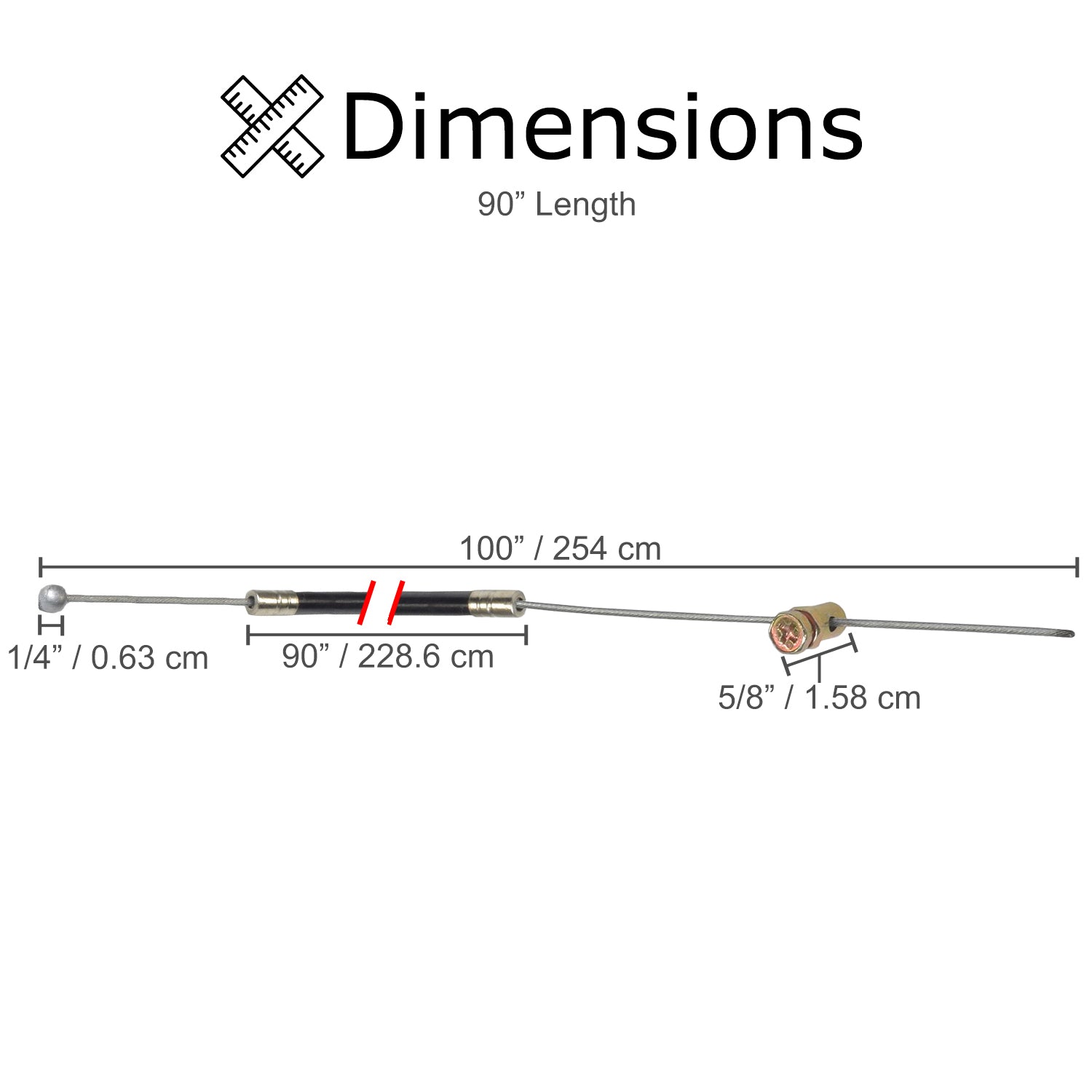 Go-Kart Throttle Cable with Ball & Barrel Ends (269 Rotary Style) - Diagram shows a metal rod with a retaining ball on one end and a barrel on the other, including close-up measurements.