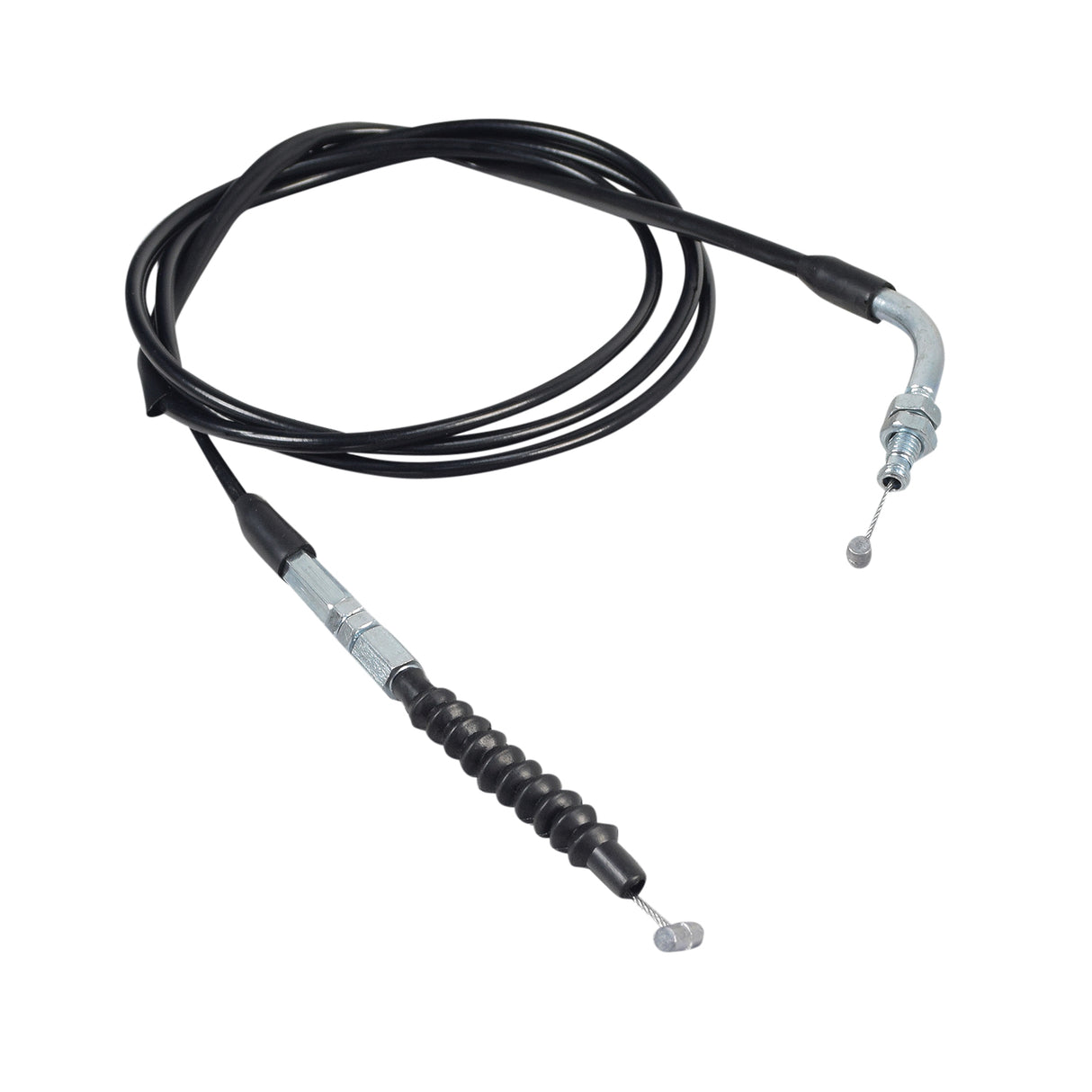 73 throttle cable for 150cc - 250cc go-karts and dune buggies featuring a black cable with a metal handle, suitable for various Chinese-made go-kart brands.