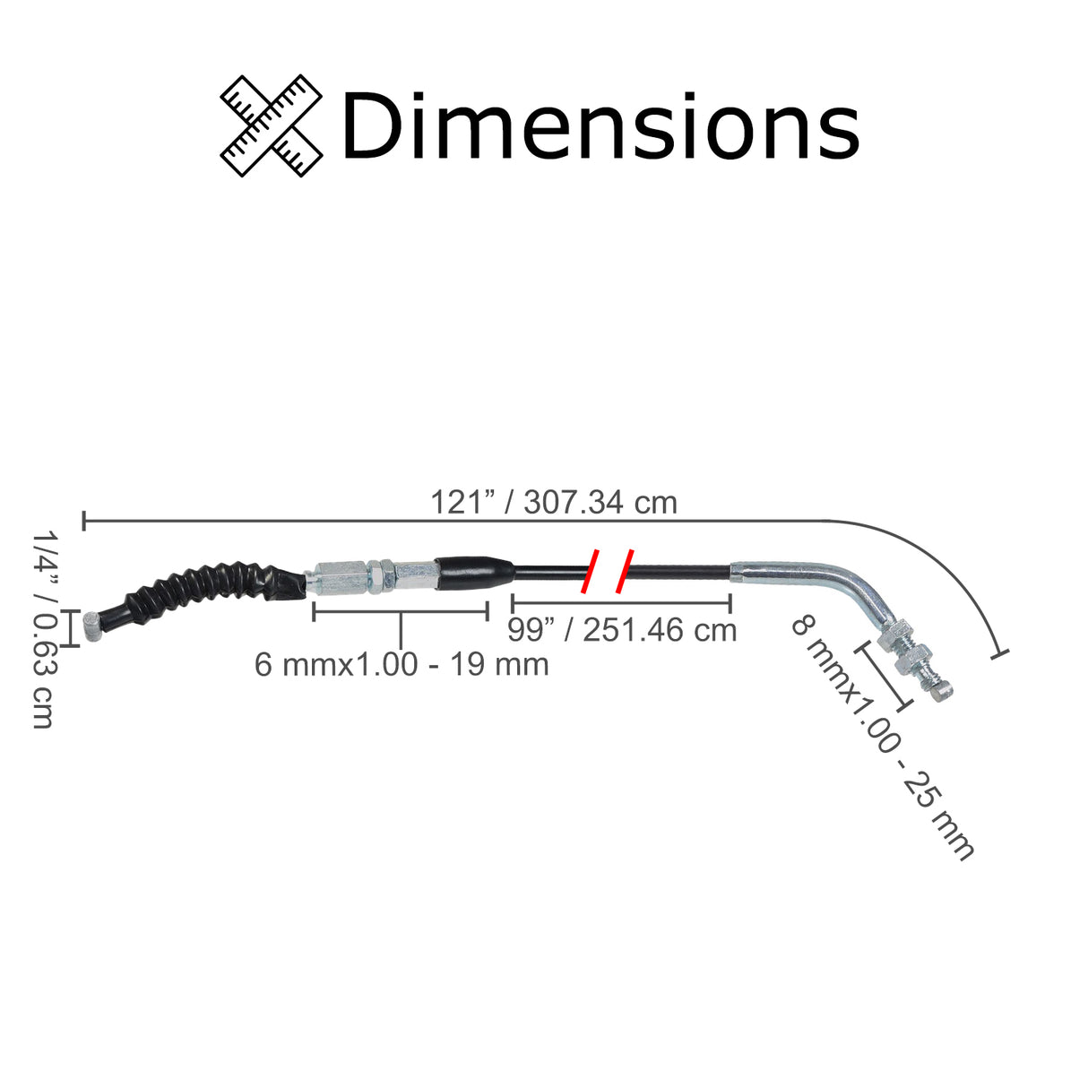 121 Throttle Cable for 150cc - 250cc Kandi & Roketa Go-Karts & Dune Buggies, shown with a detailed diagram illustrating its length, noodle, rubber boot, and two nuts for secure installation.