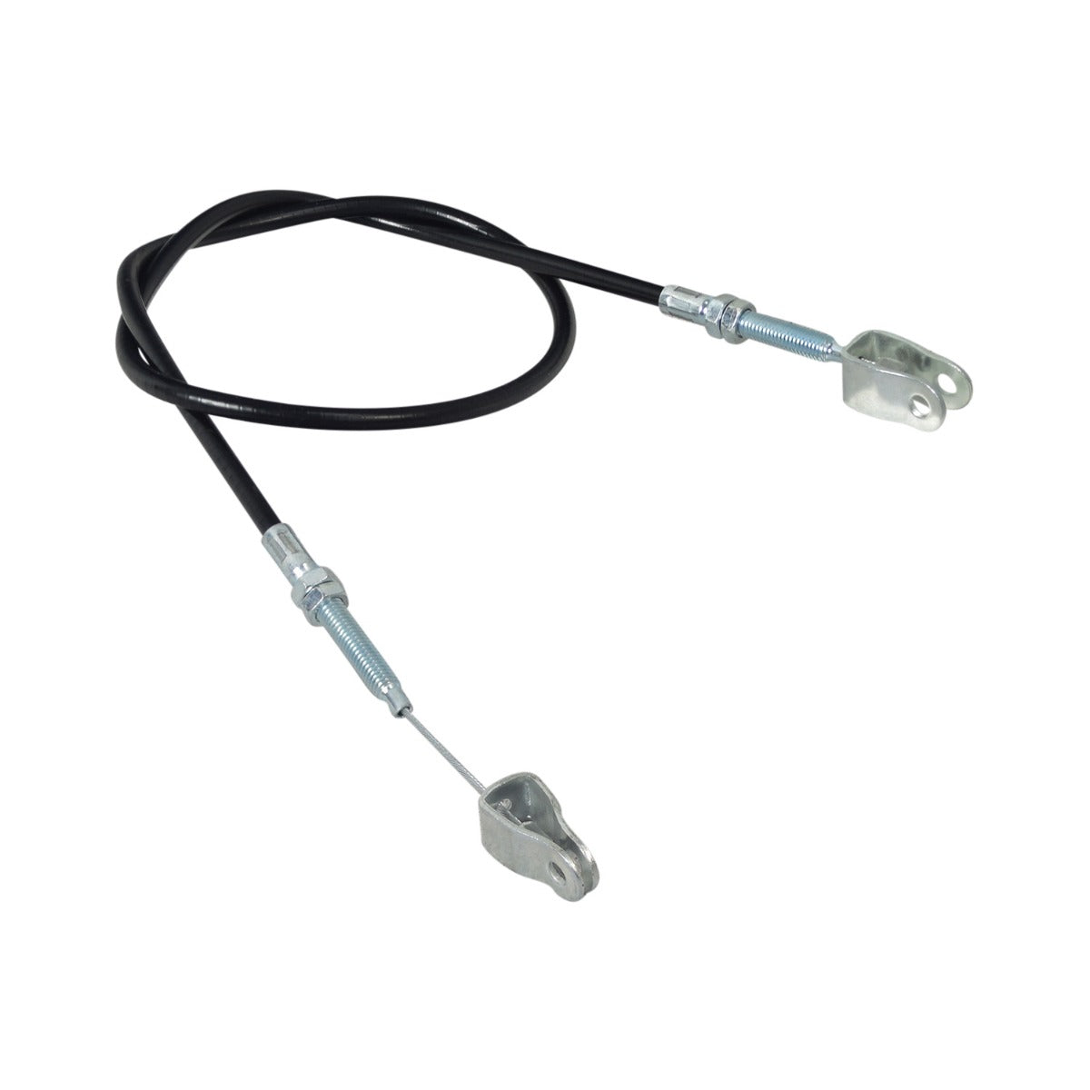 38 Shift Cable for 110cc & 125cc Go-Karts & Dune Buggies, featuring metal ends and U-brackets on both sides. Close-up of a bolt and metal handle visible.