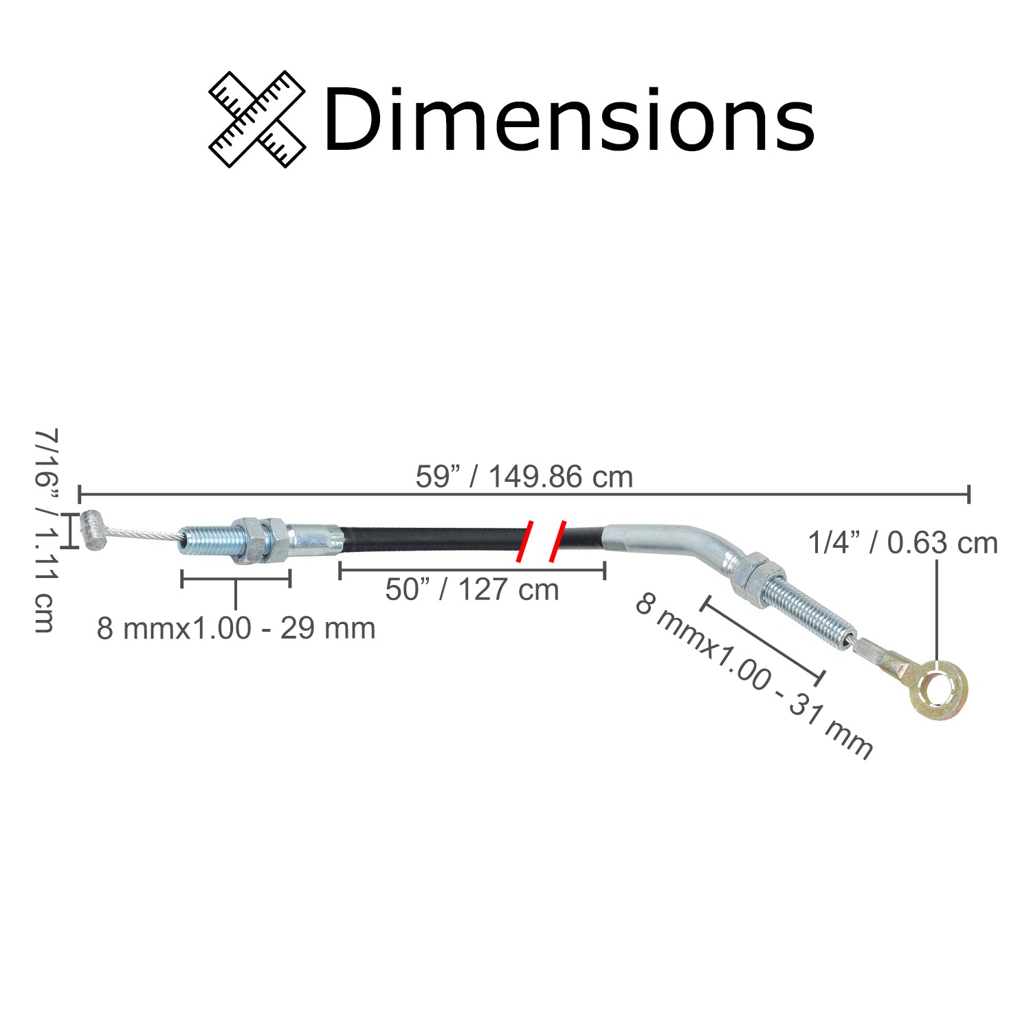 Parking Brake Cable for 49cc, 110cc, & 125cc Kandi Go-Karts & Dune Buggies; diagram showing measurements of a black and silver cable with a loop connector on one end and a barrel connector on the other.