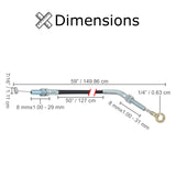 Parking Brake Cable for 49cc, 110cc, & 125cc Kandi Go-Karts & Dune Buggies; diagram showing measurements of a black and silver cable with a loop connector on one end and a barrel connector on the other.