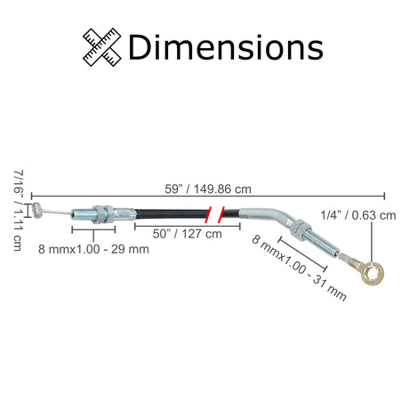 Parking Brake Cable for 49cc, 110cc, & 125cc Kandi Go-Karts & Dune Buggies; diagram showing measurements of a black and silver cable with a loop connector on one end and a barrel connector on the other.