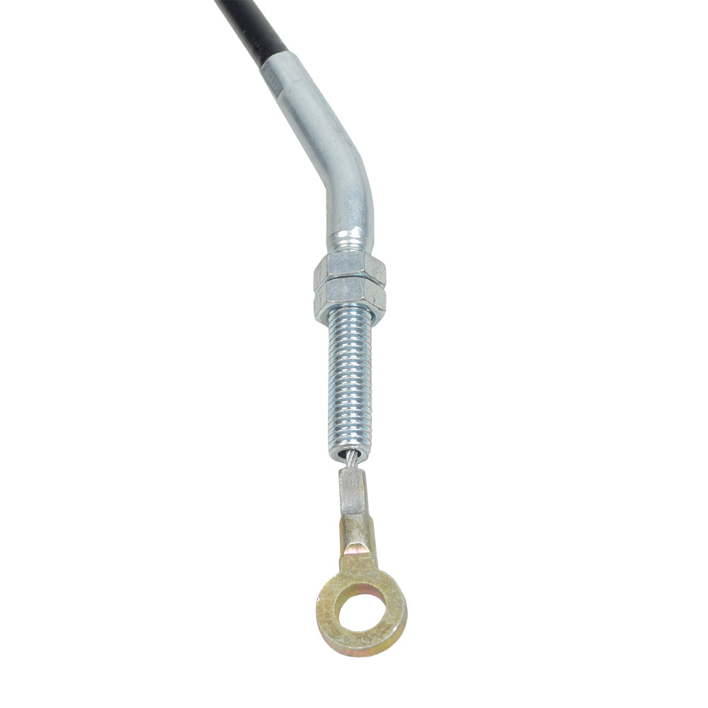 Parking Brake Cable for 49cc, 110cc, & 125cc Kandi Go-Karts & Dune Buggies featuring a black cable with a round metal eye on one end and a barrel connector on the other.