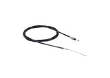 76-5/8 Throttle Cable for the Realtree RTK200 196cc Go-Kart, featuring a black sleeve and metal handle, designed for various powersports models with a barrel end and a bare wire swage.