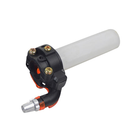 Plastic Throttle Cable Housing for the Fit Right DB003 40cc 4-Stroke Mini Bike, featuring a white plastic tube with a black and orange handle, designed for low friction and universal 7/8 handlebar fit.