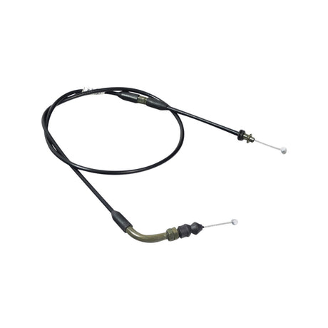 42 Throttle Cable for ATVs, Dirt Bikes, and Go-Karts, featuring metal tips and a curved threaded end on one side with barrel ends on both ends.