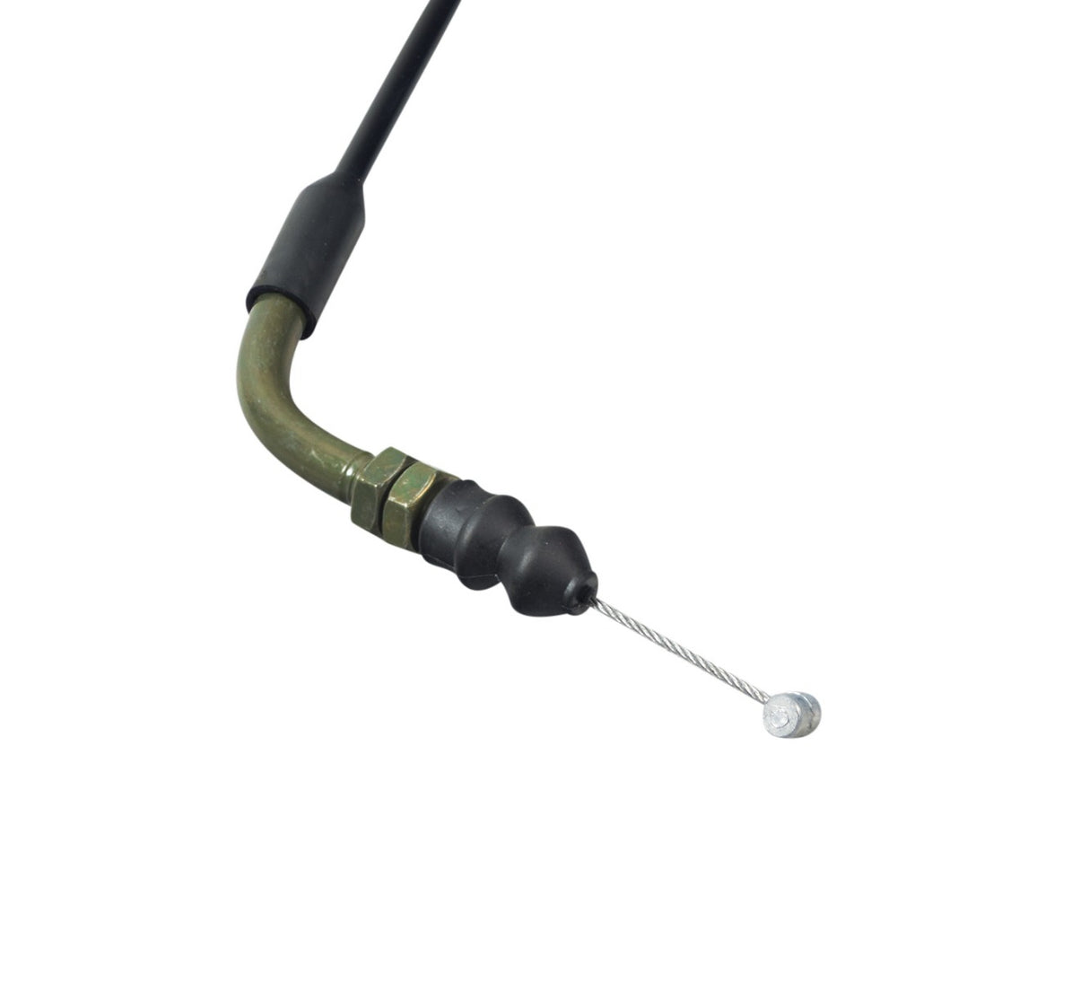 42 Throttle Cable for ATVs, Dirt Bikes, and Go-Karts featuring a close-up view of the curved threaded end and barrel ends on both sides, highlighting its compatibility with 150cc-250cc engines.