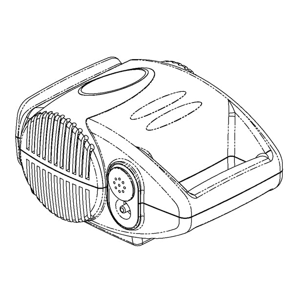 Merits Pioneer Compressor Nebulizer (N282) depicted as a sketch, featuring a speaker-like body and a microphone-like component, designed for treating respiratory issues like asthma and bronchitis.