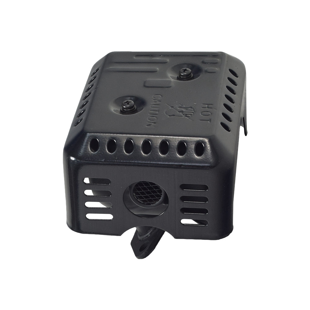 Muffler Assembly for the Baja Mini Bike MB165 & MB200. Black metal box with holes, close-up of a vent and screw, compatible with Baja Heat, Mini Baja, and Baja Warrior models.