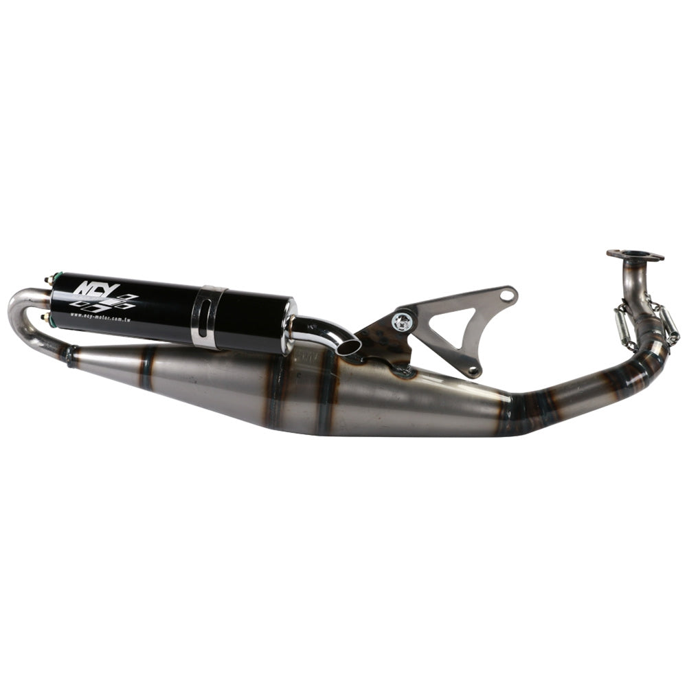 Performance Exhaust Pipe for the 50cc Yamaha Zuma 50 2T (NCY) featuring a metal muffler with a sleek black and silver finish, designed to enhance engine performance.