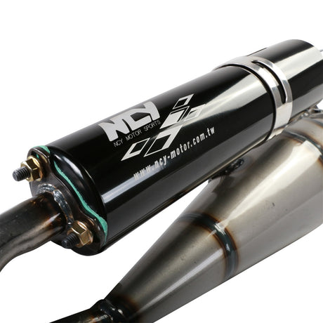 Performance Exhaust Pipe for the 50cc Yamaha Zuma 50 2T (NCY) featuring a sleek black and silver muffler, shown in a close-up view highlighting its precise integration for enhanced performance.