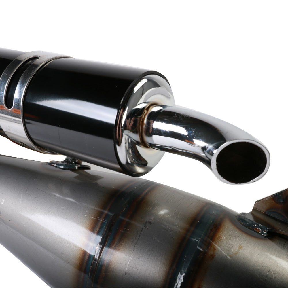 Close-up of the Performance Exhaust Pipe for the 50cc Yamaha Zuma 50 2T (NCY), showcasing the sleek black muffler finish and chrome exhaust pipe designed for older 2-stroke engines.