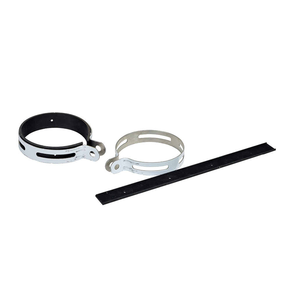 115 mm Exhaust Clamp with Rubber for 50cc - 150cc Round Mufflers/Silencers (Set of 2): Close-up of metal clamps, rubber strip, and circular metal components, designed to secure muffler pipes tightly.