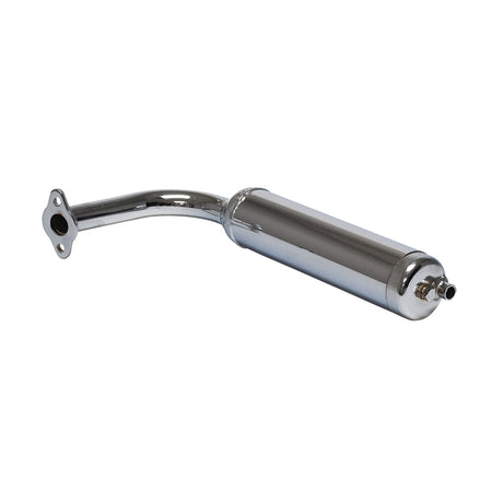 Exhaust Pipe & Muffler for 48cc - 80cc 2-Stroke Bicycle Engine Kits: A highly polished, pre-welded, silver exhaust pipe and muffler with a shiny chromed steel finish, ideal for gas bike conversions.