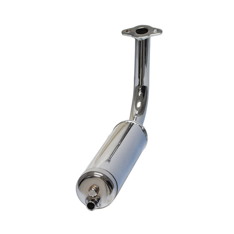 Exhaust Pipe & Muffler for 48cc - 80cc 2-Stroke Bicycle Engine Kits: A polished chrome muffler with an attached exhaust pipe, showcasing a sleek, cylindrical design and pre-welded construction.