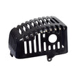 Plastic Exhaust Muffler Cover for 49cc / 52cc Scooter Engines: A black plastic cover with holes designed to protect against hot exhaust on small 2-stroke scooter engines, enhancing safety and preventing burns.