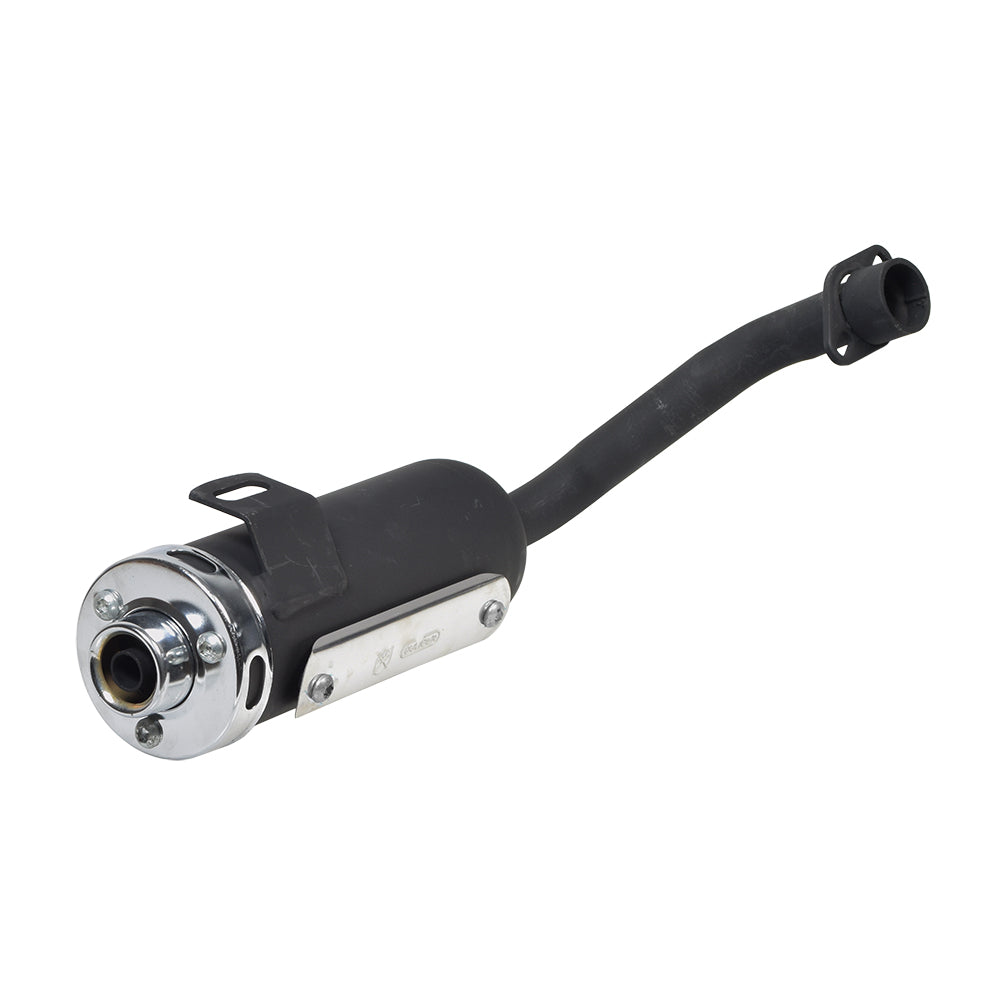 Muffler for the Kandi KD-110GKG-2 Go-Kart, showcasing a black and silver design with an attached black tube, suitable as a high-quality replacement part for various go-kart brands.