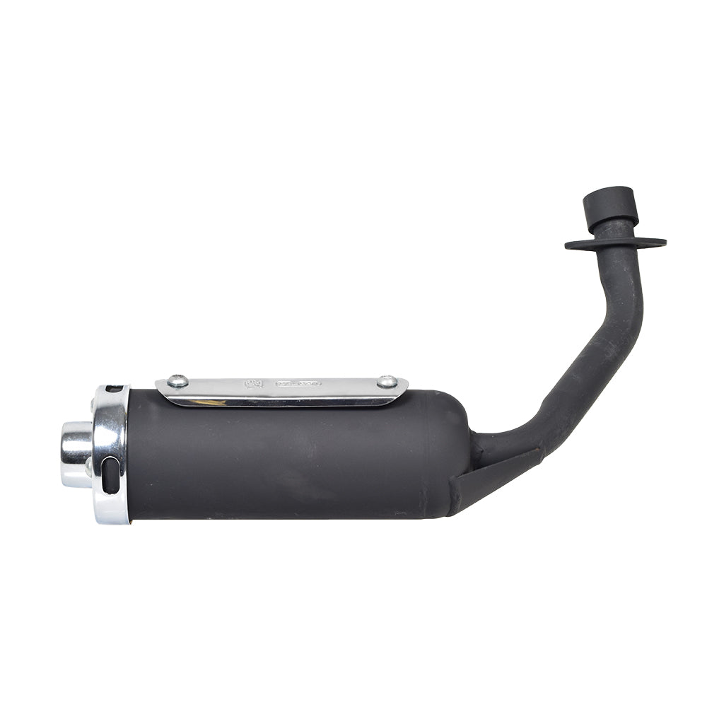 Muffler for the Kandi KD-110GKG-2 Go-Kart featuring a black cylinder with a silver handle, close-up details of a black pipe, and metal components.