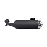 Muffler for the Kandi KD-110GKG-2 Go-Kart, featuring a sleek, black cylindrical design with a silver rim, showcasing detailed close-ups of the pipe and metal components for high-quality replacement.