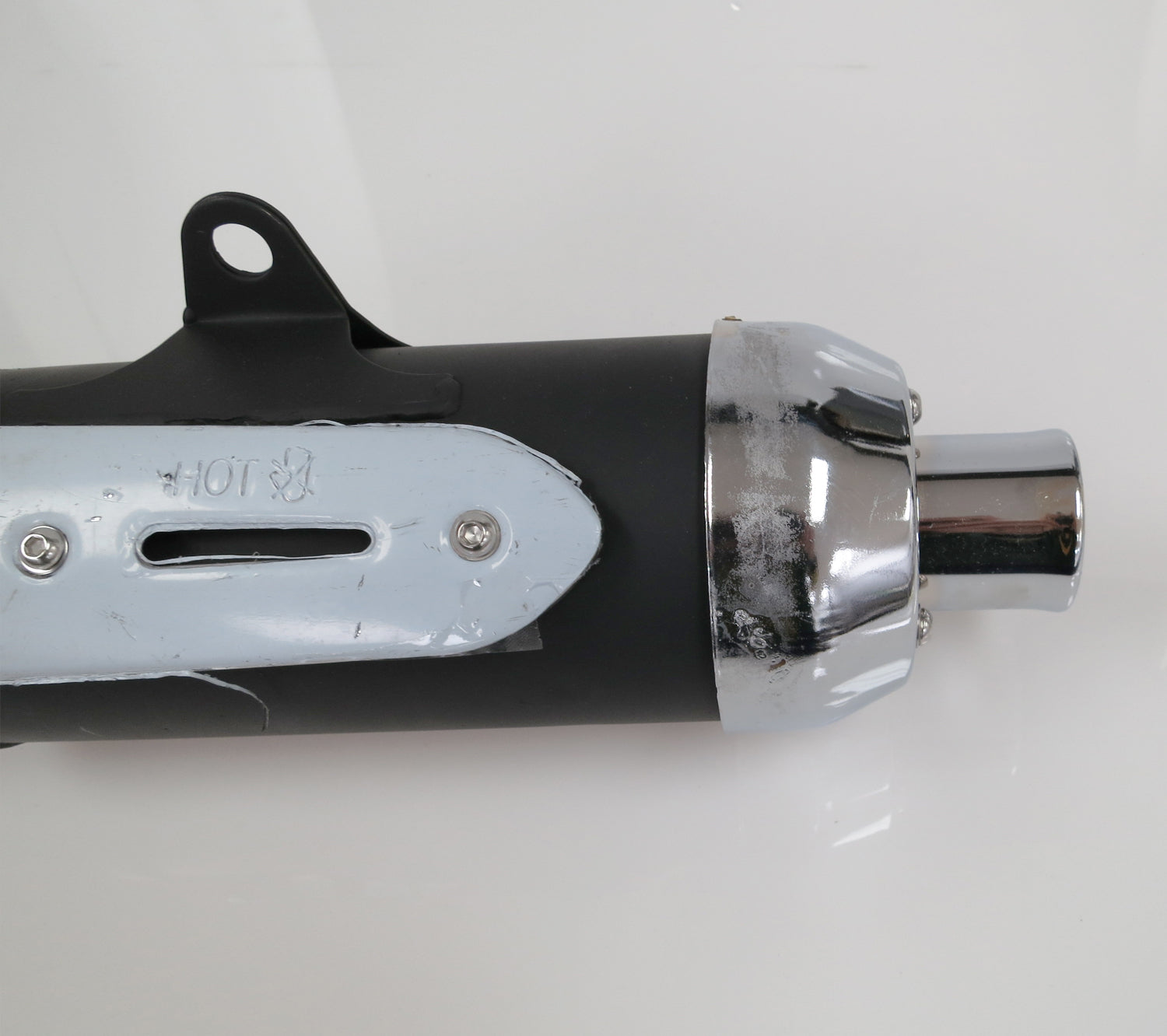 Muffler for 150cc Go-Karts (Blemished) with black and silver finish, featuring close-up views of the pipe and screws. Suitable for Kandi 150cc and various Chinese go-kart brands.