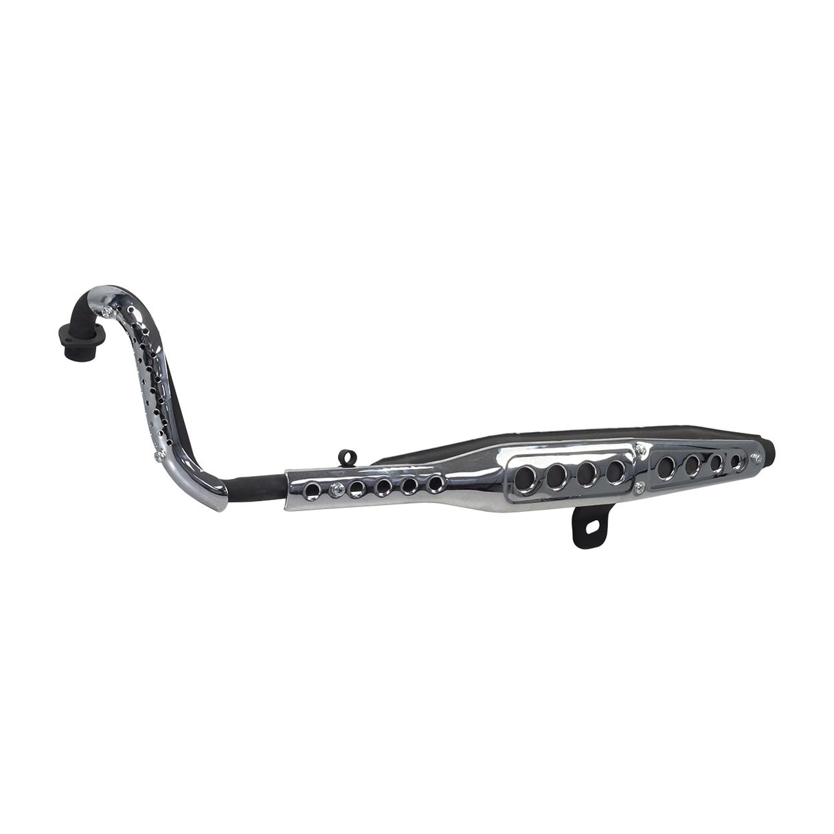 Muffler for the Honda CT70 Trail, featuring a matte black body with polished chrome shields, designed to fit classic Trail 70 bikes from 1969-1994 and retro reproductions.