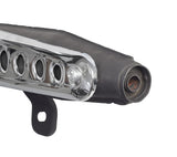 Close-up of the Muffler for the Honda CT70 Trail, showcasing its matte black body and polished chrome shields, designed to fit classic and retro reproduction Trail 70 bikes from 1969 to 1994.