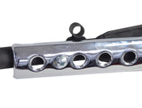 Muffler for the Honda CT70 Trail, featuring a matte black body with polished chrome shields, displaying close-up details of the metal structure, holes, and screws.