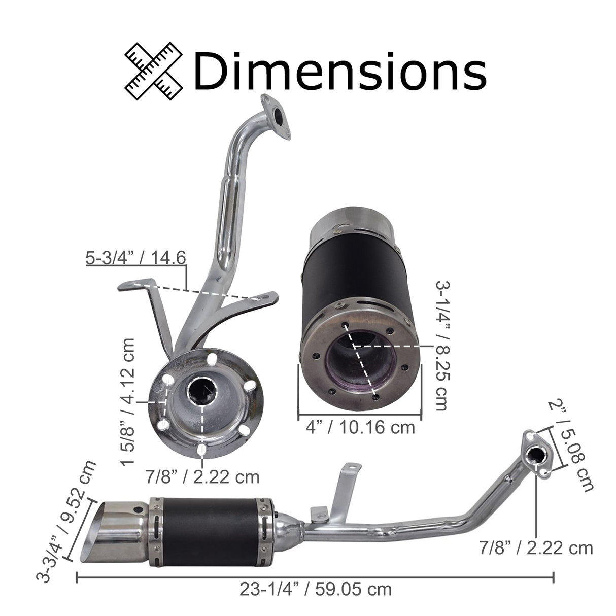 Diagram of the Short Performance Exhaust System for GY6 150cc Scooters & Go-Karts, showing the muffler, pipe, gasket, clamp, and mounting hardware in a detailed sketch.