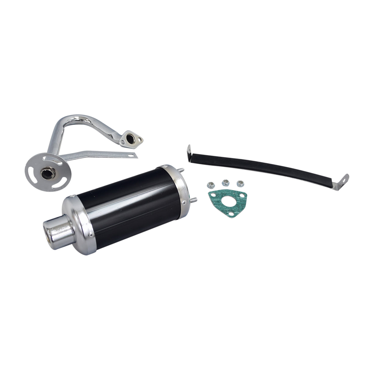 Performance Exhaust System for 6.5 Hp Engine Go-Karts featuring a black and silver muffler, pipe, gasket, and mounting hardware, shown in a detailed close-up of metal components.