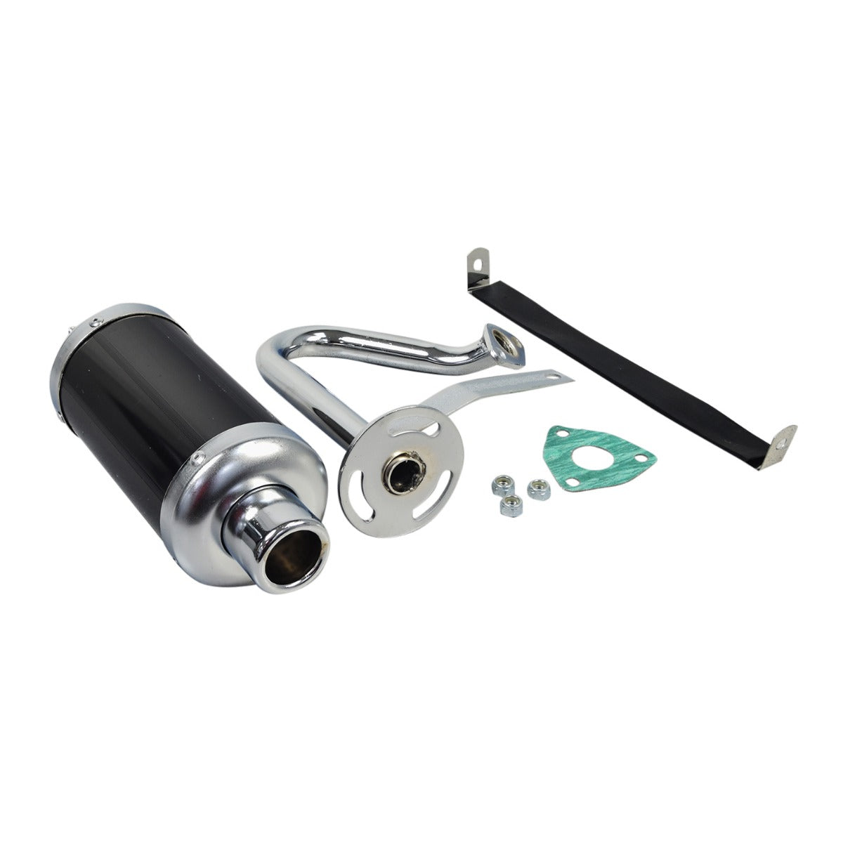 Performance Exhaust System for 6.5 Hp Engine Go-Karts, featuring a black and silver muffler, exhaust pipe, and mounting hardware, with close-up details of the components clearly visible.