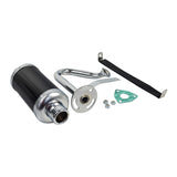 Performance Exhaust System for 6.5 Hp Engine Go-Karts, featuring a black and silver muffler, exhaust pipe, and mounting hardware, with close-up details of the components clearly visible.