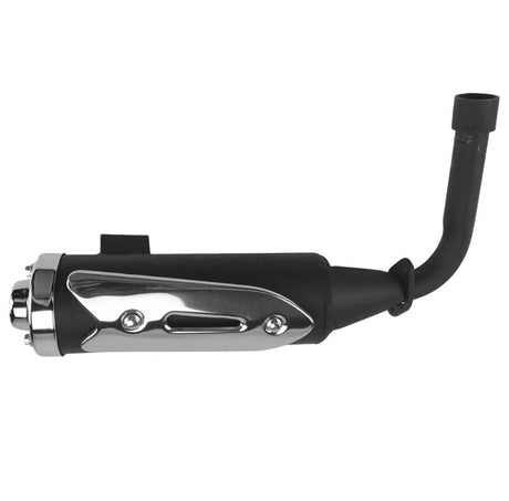 Muffler & Exhaust Pipe for the TaoTao GK110 Go-Kart featuring a black and silver finish, heat shield, screen-type spark arrestor, and 90° bracket near the back of the muffler.