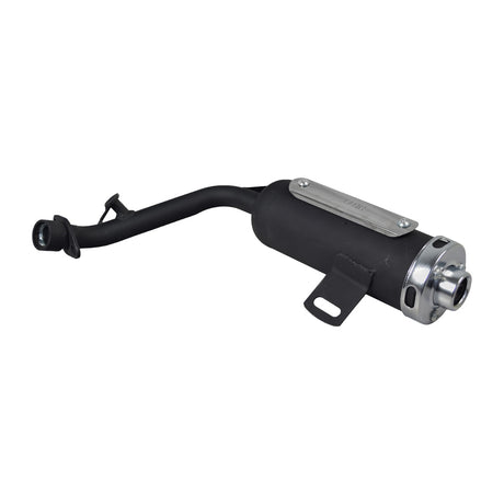 Muffler for the Kandi KD-49FM5-E Go-Kart, featuring a black and silver design, heat shield, screen-type spark arrestor, and 1 internal diameter pipe, suitable for various Chinese-made go-karts.