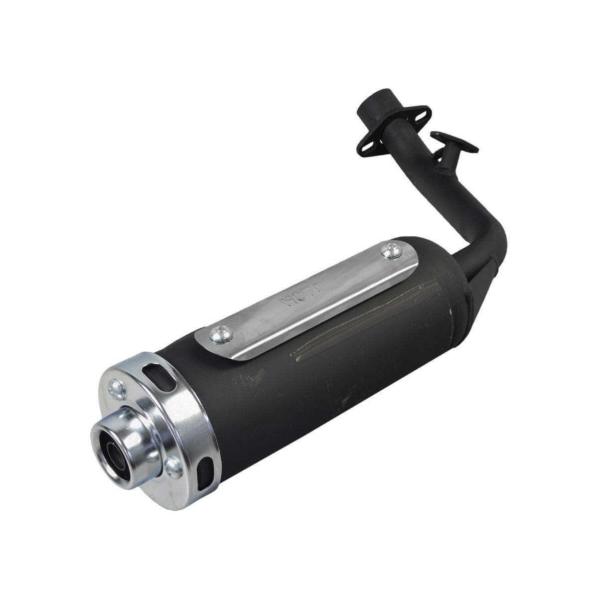 Muffler for the Kandi KD-49FM5-E Go-Kart, featuring a black and silver cylindrical design with a heat shield, spark arrestor, and visible mounting screw.