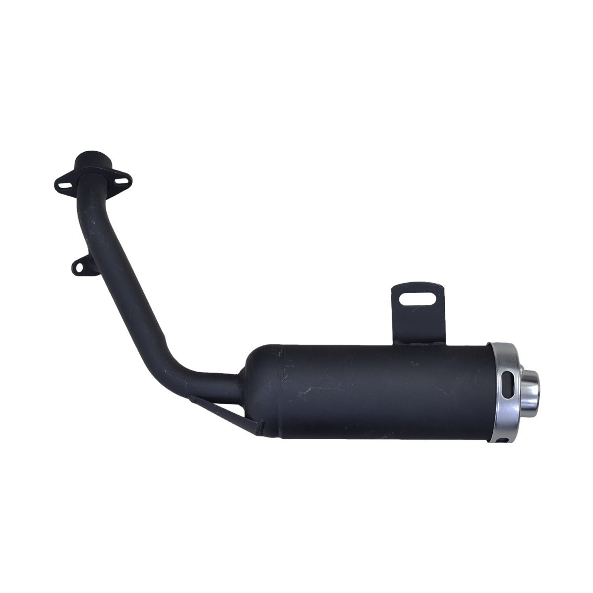 Muffler for the Kandi KD-49FM5-E Go-Kart with a black body, silver tip, heat shield, and spark arrestor, featuring a 3 diameter and 17 length, shown on a white background.