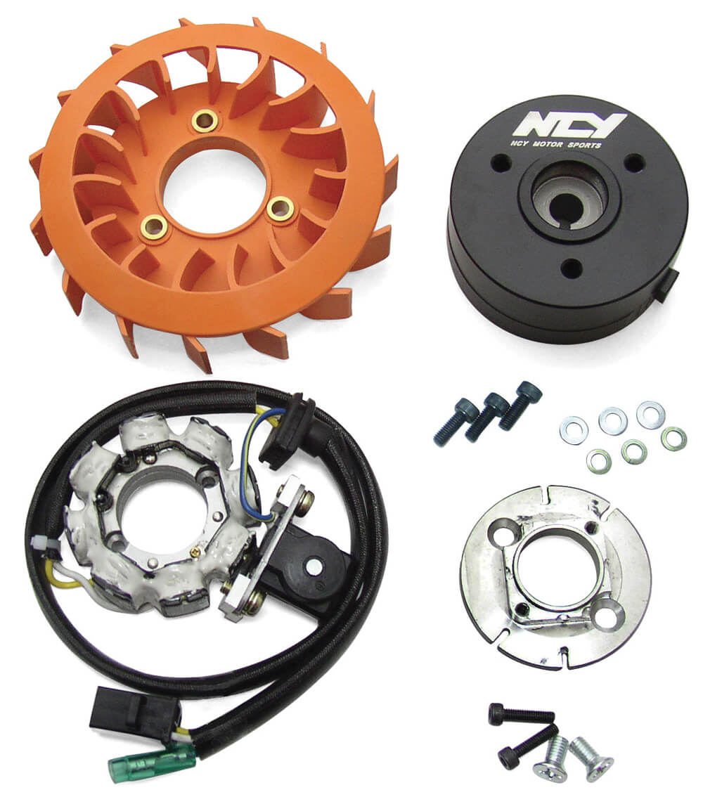 Performance Alternator Kit for 50cc, 125cc, and 150cc GY6 Engines, featuring a close-up of machine parts including an orange circular object with holes, a black round object with text, screws, and metal washers.